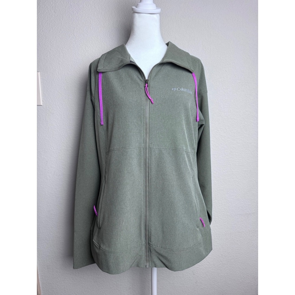 Columbia Womens Full Zip Jacket Olive Green Purple Trim Pockets Size Large